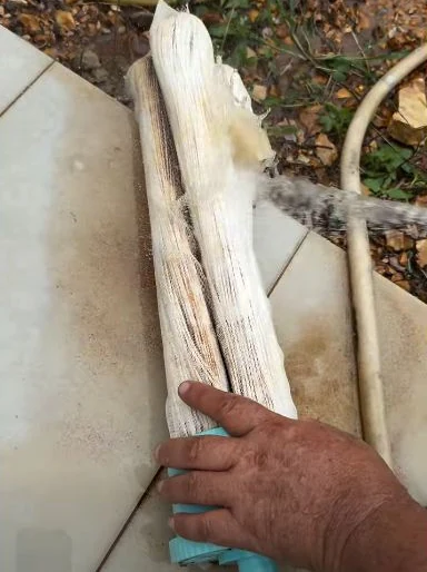 Rinsing the exposed filter fibres during cleaning.