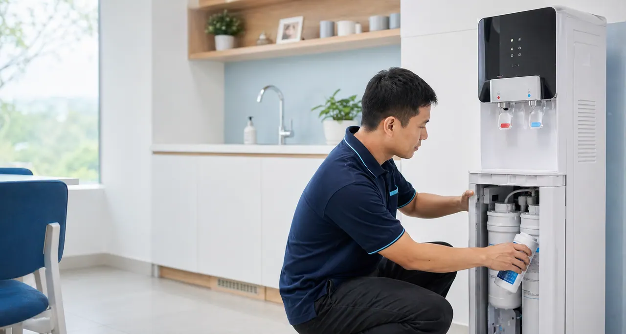 Technician checking a water dispenser